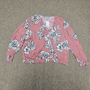 Lucky Brand Coral Pink Floral V-Neck Long Sleeve Blouse